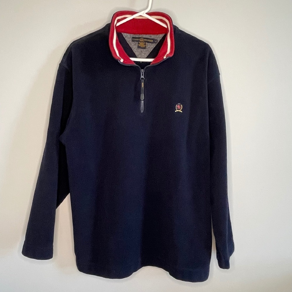 Tommy Hilfiger Y2K Fleece Pullover Navy Quarter Zip Sweater Red Collar Men Large